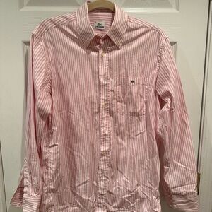Lacoste Men's Pink and White Striped Button Down Shirt